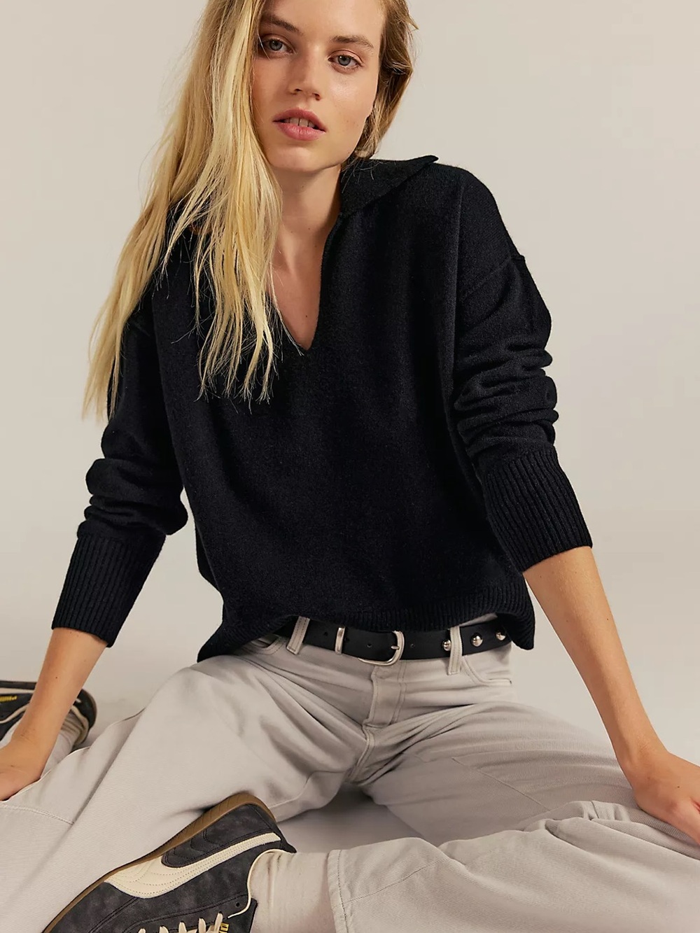 Free People Black Eloura Cashmere Henley Sweater